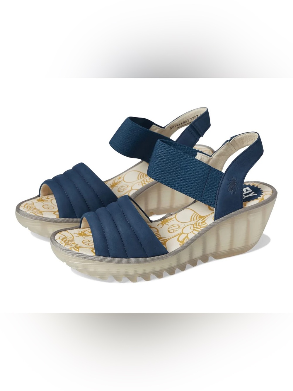 Fly London Navy Elastic Strap Wedge Sandals new in box